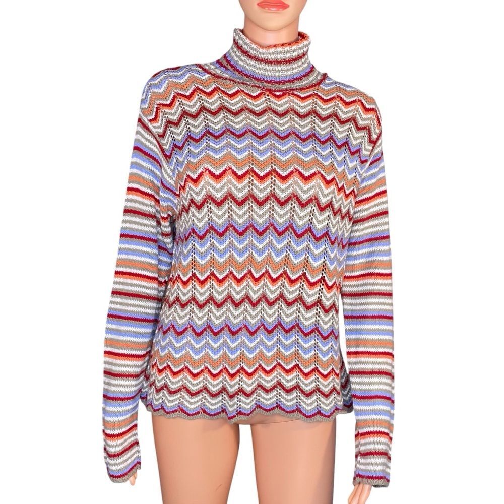 Fashion Bug Turtleneck Sweater Crocheted Lightweight Colorful Chevron Pattern Lg